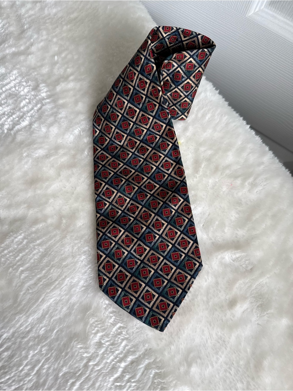 Vintage Pierre Balmain Couture 100% Silk Tie Red Blue Geometric Diamond Luxury